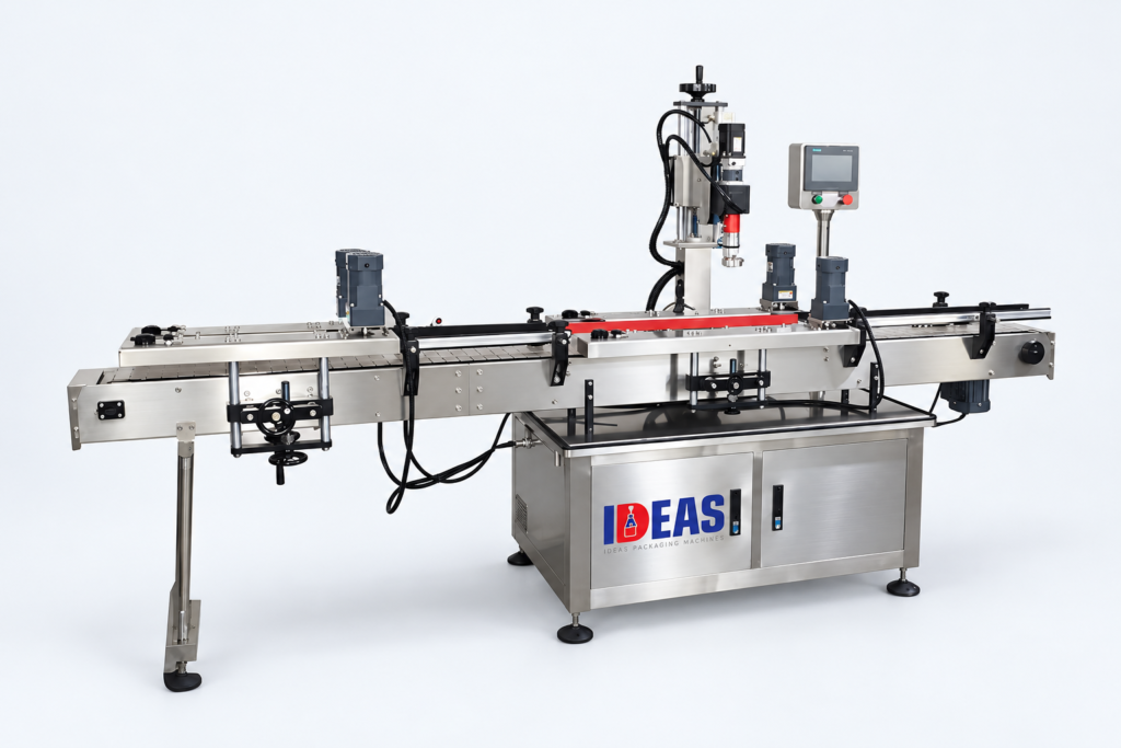 Ideas Packaging capping machines on a neutral studio background