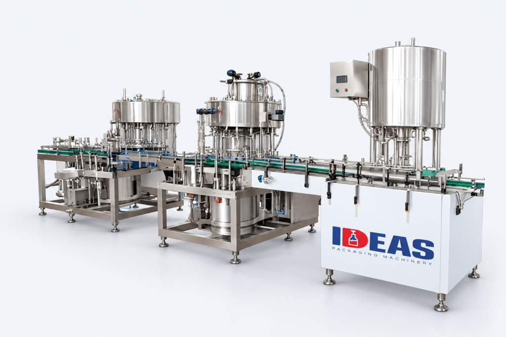 Ideas Packaging carbonated beverage filling machine on a neutral studio background
