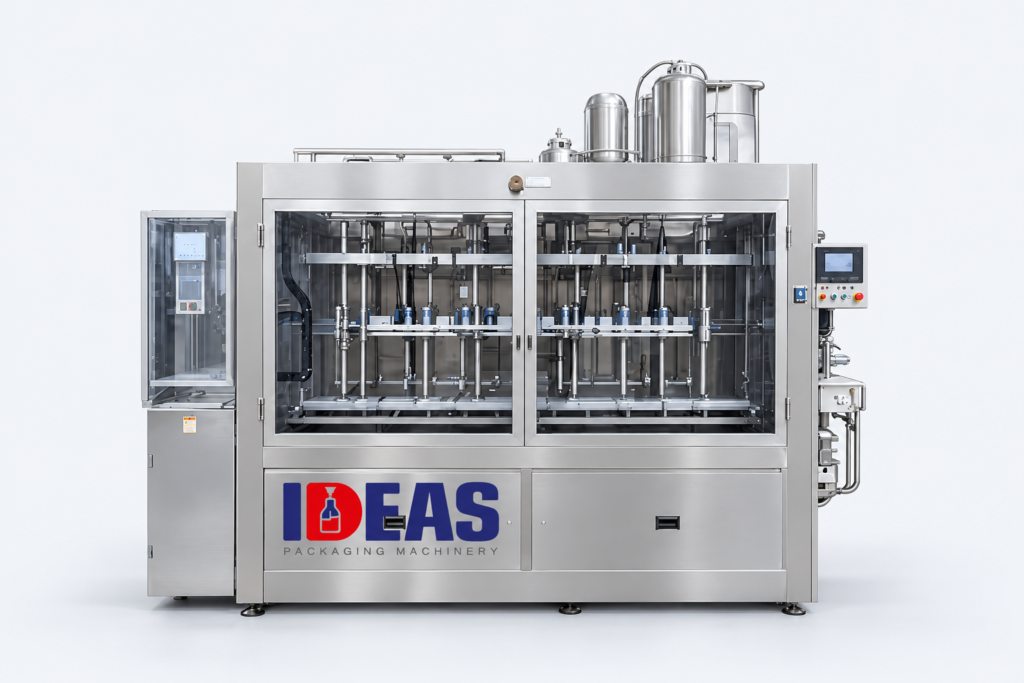 Ideas Packaging coolant & brake fluid filling machine on a neutral studio background