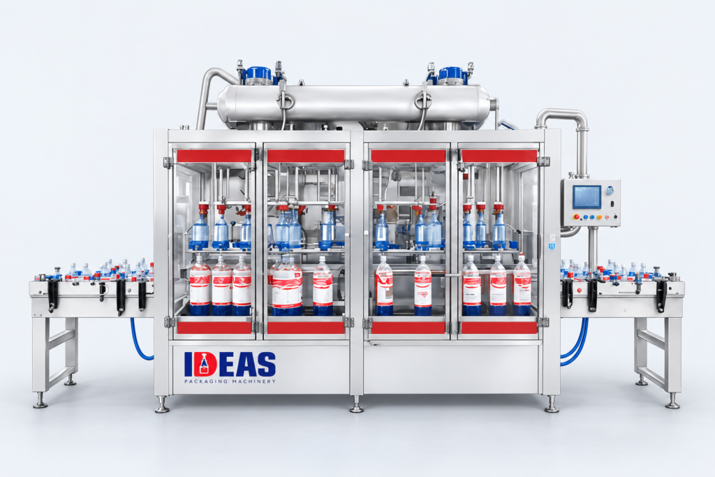 Ideas Packaging detergent & corrosive liquid filling machine on a neutral studio background
