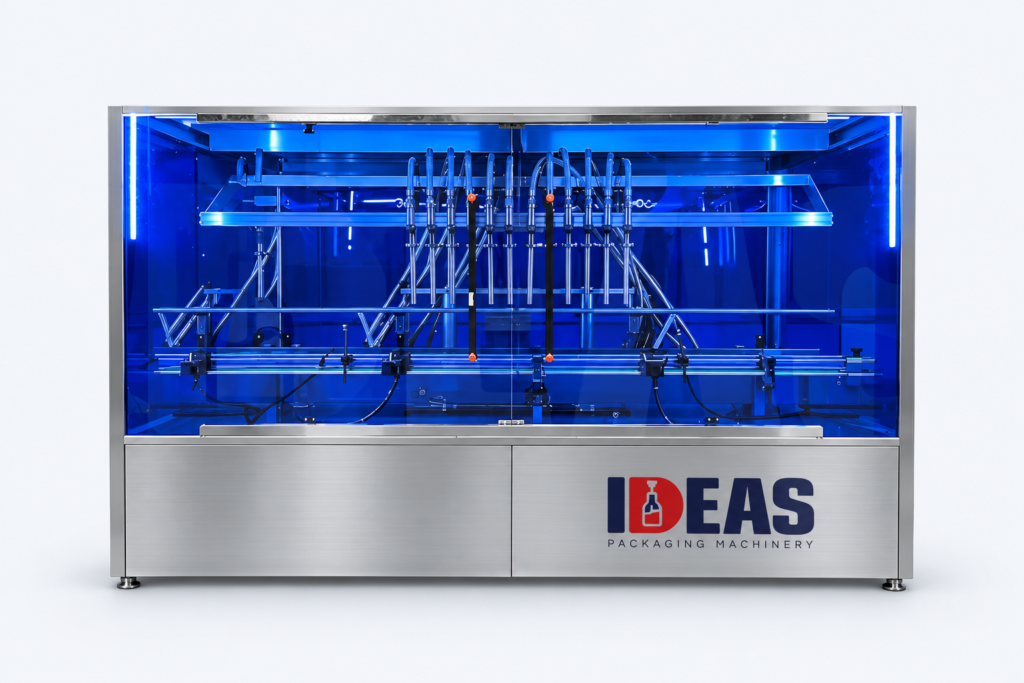 Ideas Packaging lubricant filling machine on a neutral studio background