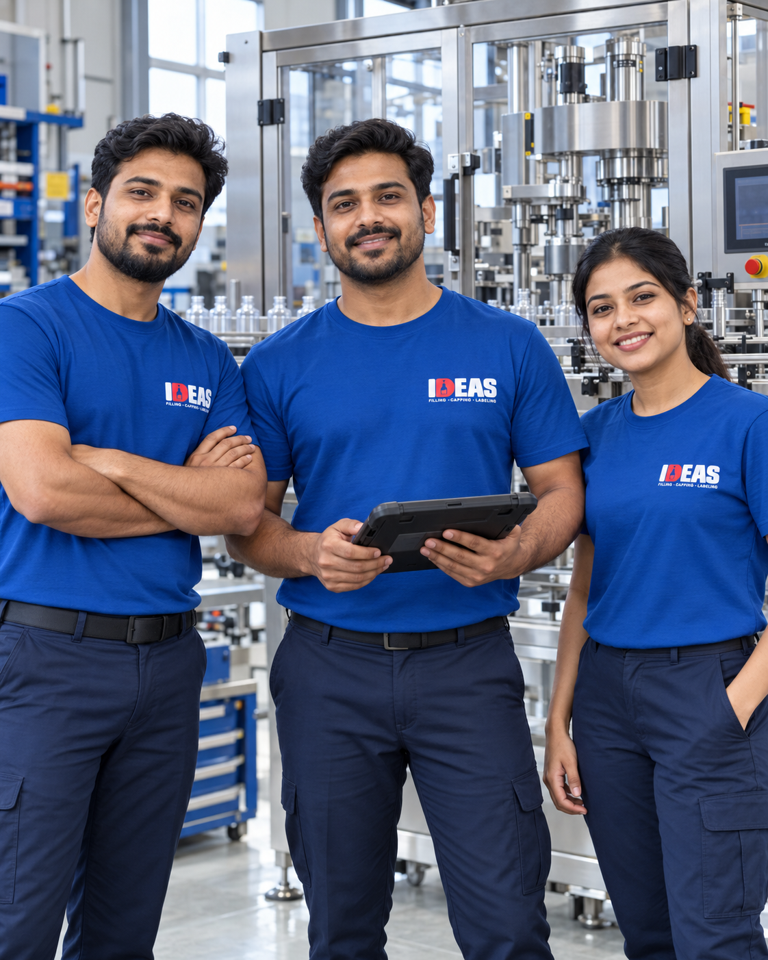 AI-generated support team wearing blue Ideas logo T-shirts beside packaging machinery