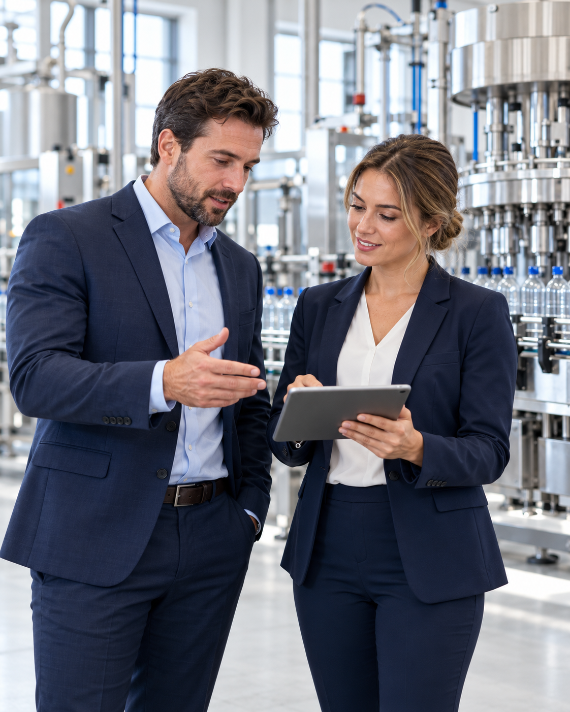 AI-generated illustration of two professionals discussing packaging machinery in a showroom