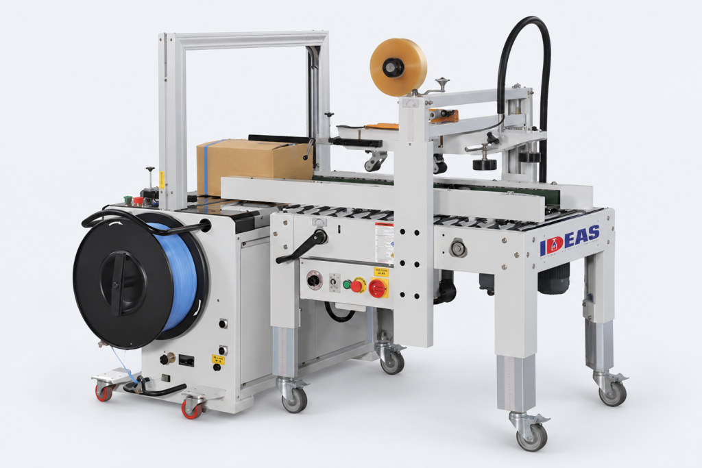 Ideas Packaging strapping machines on a neutral studio background