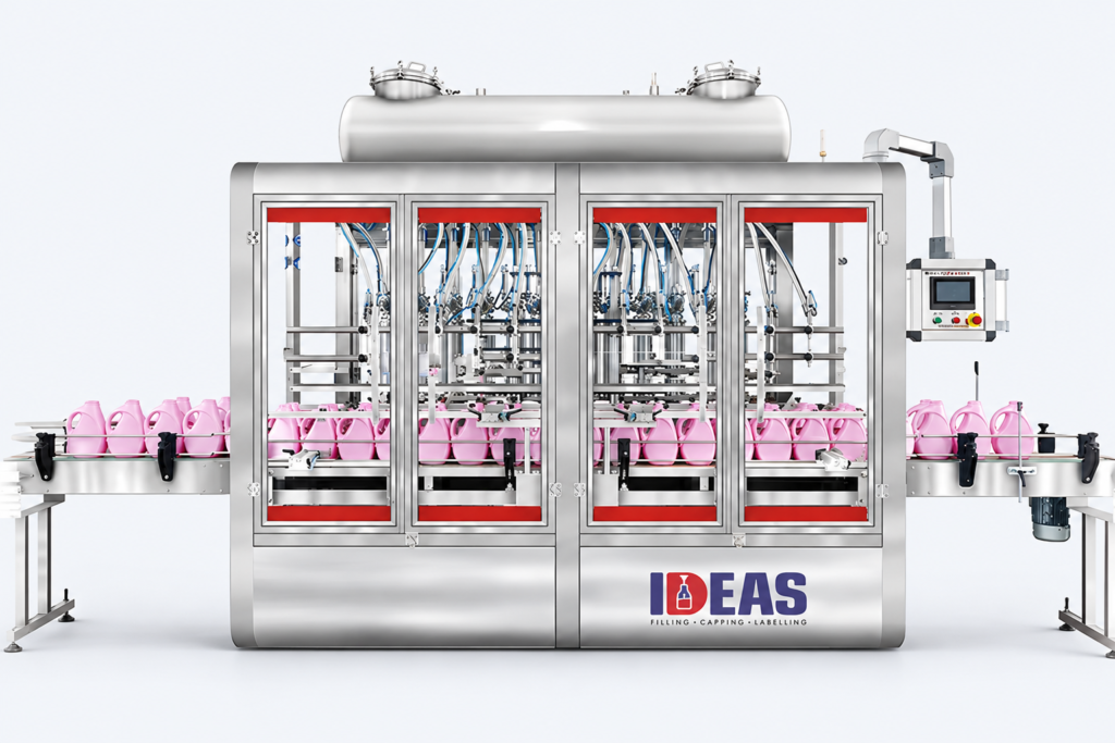 Ideas Packaging automatic liquid filling machine on a neutral studio background