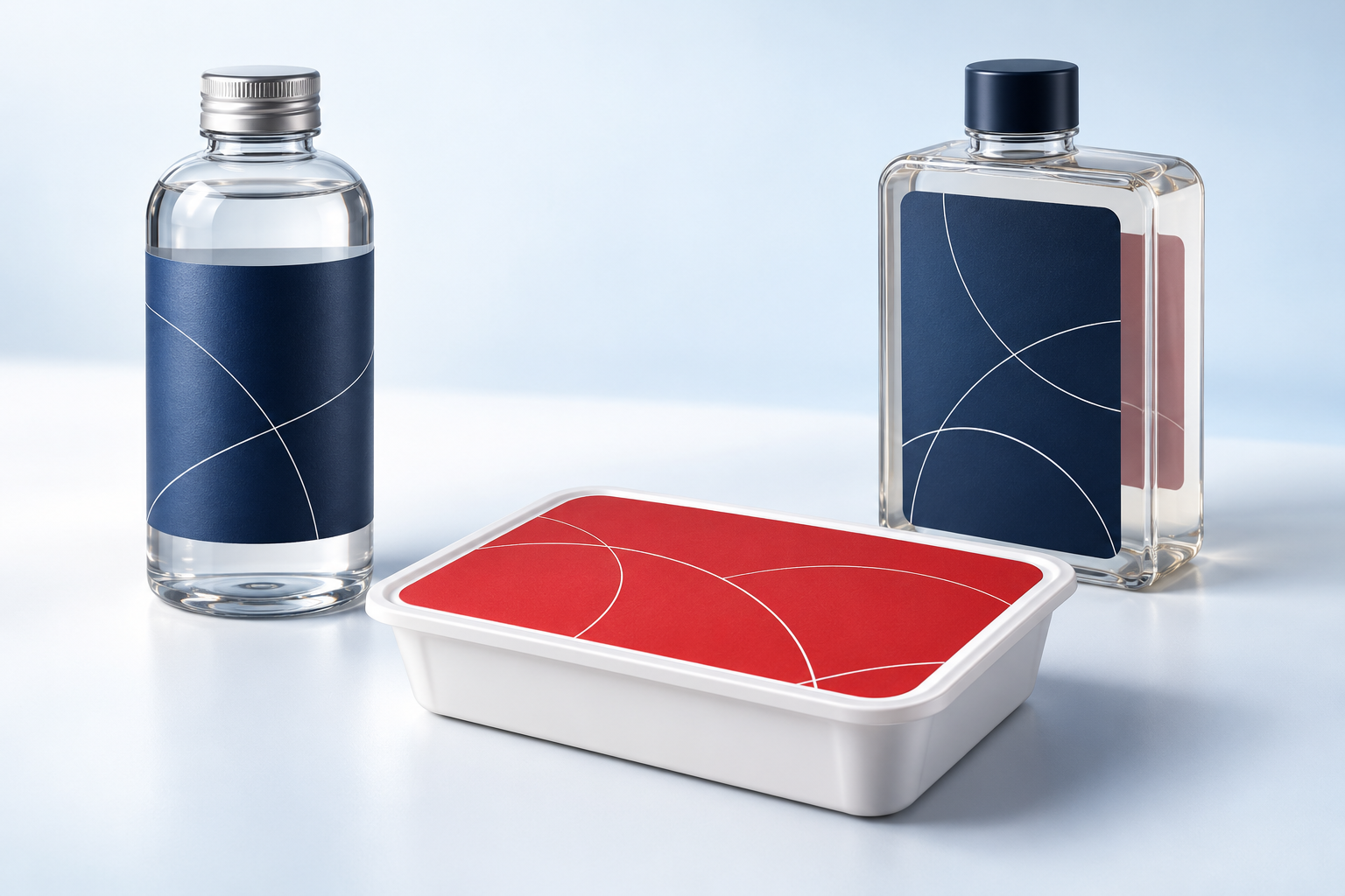Illustrative wrap-around, top and front panel labels on different packaging shapes